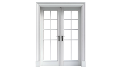 A close-up of a white, paneled French door with rectangular windows and black handles