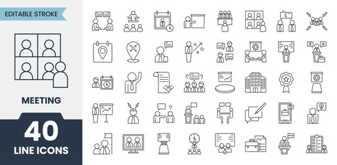 Meeting line icons set with editable stroke. Containing business meeting, conference, presentation, discussion, seminar, interview, brainstorm and more. Vector illustration