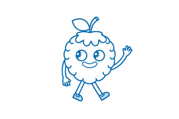 Cheerful blue raspberry cartoon character playfully waves while walking on a clean white backdrop