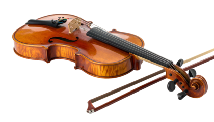 Gleaming, wooden violin with bow; artistic composition on black