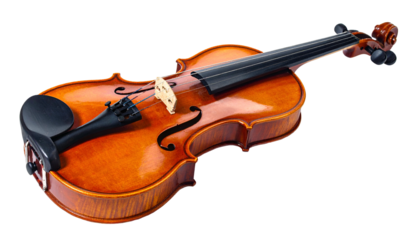 Polished wooden violin with black fittings on a dark background
