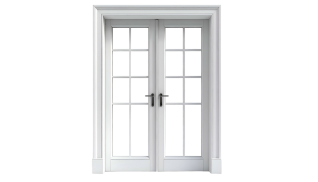 A close-up of a white, paneled French door with rectangular windows and black handles