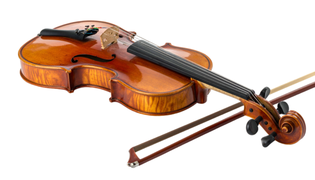 Gleaming, wooden violin with bow; artistic composition on black