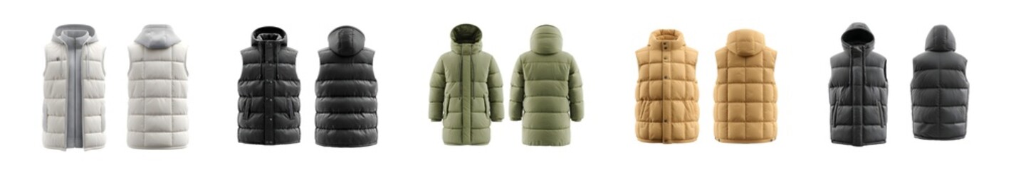Set of mens winter sleeveless down jackets in various colors.
