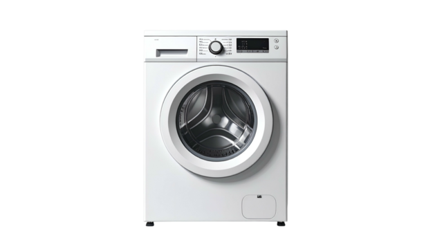 Front-loading white washing machine against a black backdrop