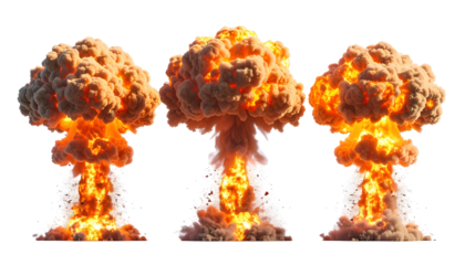 Three nuclear explosions erupting with fiery orange cores and expanding mushroom clouds