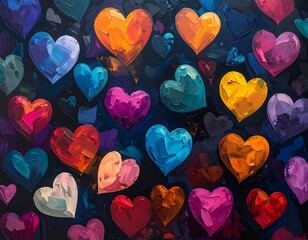 Vivid abstract painting of colorful hearts on dark background