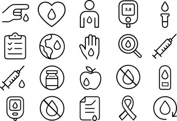 Diabetes themed icons isolated on white background featuring blood drop, heart, person, glucometer, test tube, clipboard, earth, hand, magnifying glass, syringe, and other elements