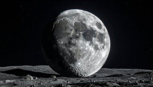 A high-resolution close-up of the full Moon showcasing detailed craters, maria, and highlands against a stark black sky.