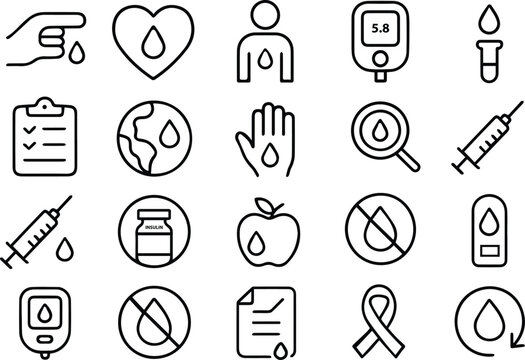 Diabetes themed icons isolated on white background featuring blood drop, heart, person, glucometer, test tube, clipboard, earth, hand, magnifying glass, syringe, and other elements