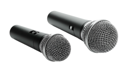 Two black, dynamic microphones with metal mesh heads against black