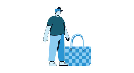 A person wearing casual clothes and carrying a blue shopping bag
