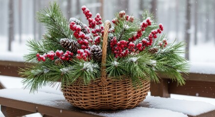 Winter basket arrangement with pine cones and red berries covered in fresh snowfall