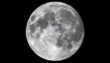 Obraz premium A high-resolution close-up of the full Moon showcasing detailed craters, maria, and highlands against a stark black sky.