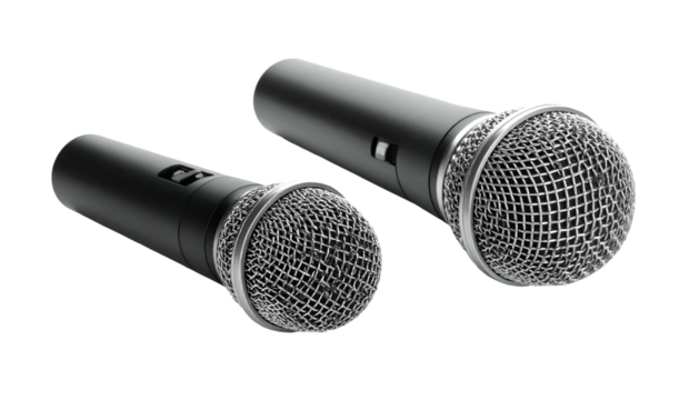 Two black, dynamic microphones with metal mesh heads against black