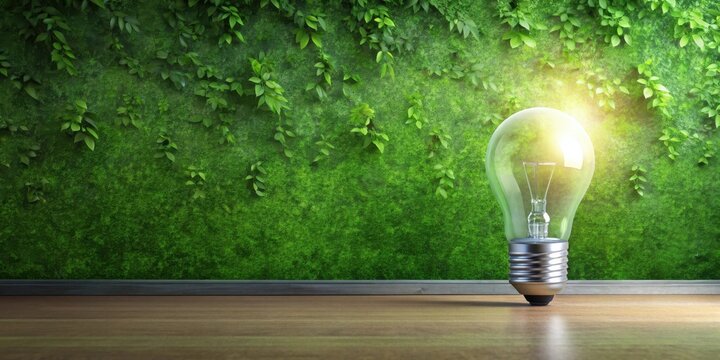 Illuminating Green Solutions A Glowing Lightbulb Against a Lush Vertical Garden Background