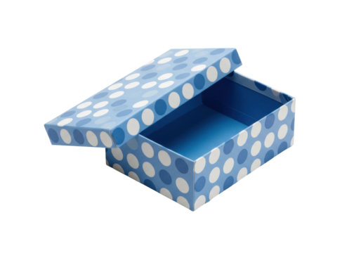 Isolated blue gift box with lid decorated with white polka dots, open container shape