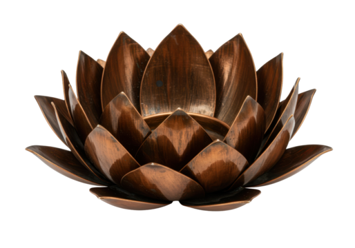 Isolated lotus blossom sculpture, copper finish, decorative metal flower candle holder object