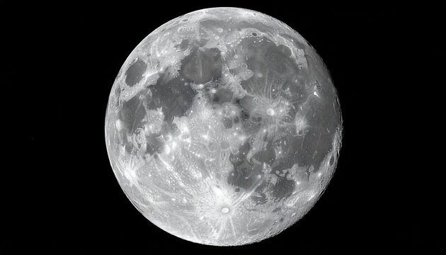 A high-resolution close-up of the full Moon showcasing detailed craters, maria, and highlands against a stark black sky. - Powered by Adobe