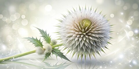 Obraz premium A Single Delicate Thistle Blossom with Soft, Gleaming Petals and Lush Green Foliage, Set Against a Sparkling, Dreamy Background