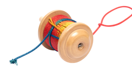 Wooden toy with wrapped colorful string and red loop