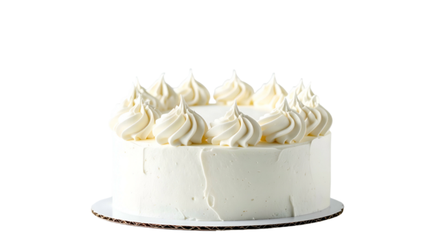 Round white cake, frosted with swirls on top, sitting on a white circular base