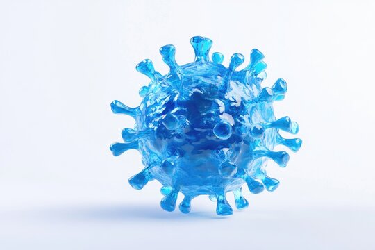 3D rendering of a vibrant blue virus.  A translucent, spherical virus,  detailed spikes radiate outward.  Isolated on white background