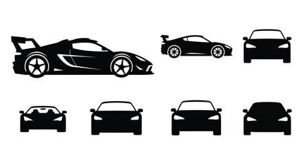 Black sports cars in various views depicted as simple silhouettes