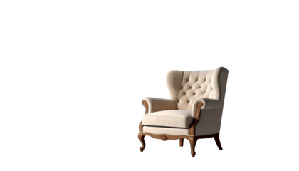 Plush armchair with ornate wooden legs sits in dim light