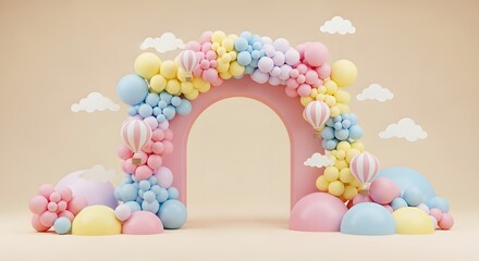 Pastel Hot Air Balloon Arch Kids Birthday Party Background