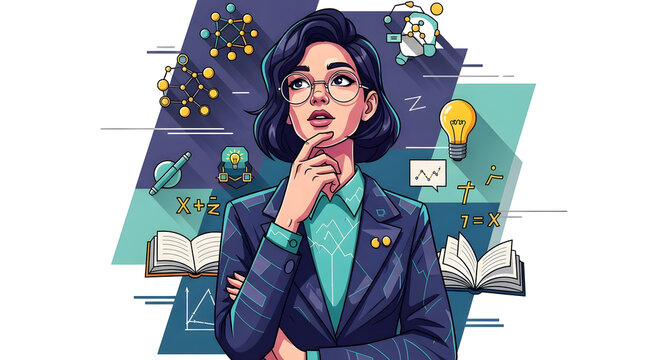 Young Woman Thinking and Problem Solving | Science, Education, and Research Concept Illustration | Female Scientist with Idea Lightbulb Vector