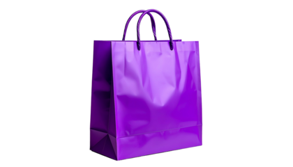 Shiny, bright purple shopping bag with sturdy handles against a black background
