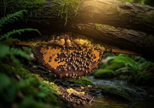 Beehive attached to a tree trunk
