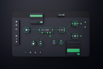 AI workflow automation artificial intelligence software interface nodes triggers data tool dashboard coding icon flow process technology 3d rendering.