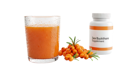 Sea buckthorn juice and supplement isolated on transparent background for health