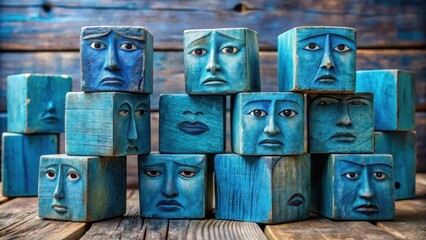 Stack of Blue Wooden Cubes with Carved Facial Expressions Representing a Spectrum of Human Emotions