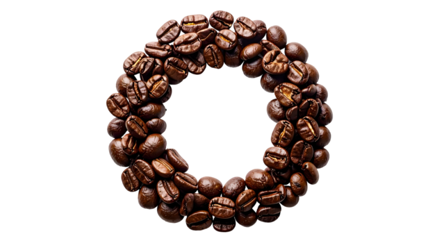 Coffee beans arranged in a circular shape against a black background