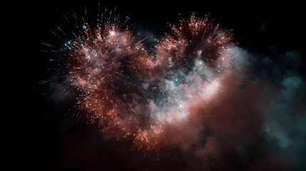 A beautiful heart shaped fireworks display explodes in the dark night sky creating a stunning visual spectacle