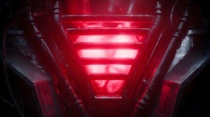 A vibrant glowing red energy core pulses intensely within a detailed dark futuristic mechanical structure suggesting power and technology