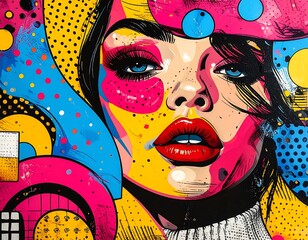 Vivid pop art portrait of a woman with bold colors and expressive features