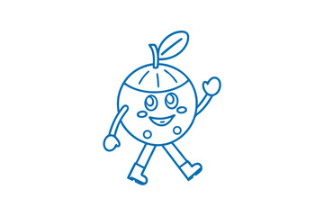 Cheerful cartoon tangerine character walks, waving its hand, outlined in blue on a white background