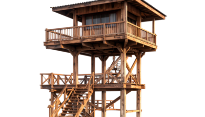 Wooden tower structure with multiple levels, windows, and railings, isolated on black