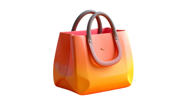 A 3D rendered orange tote bag with brown handles and a central clasp, floating - Powered by Adobe