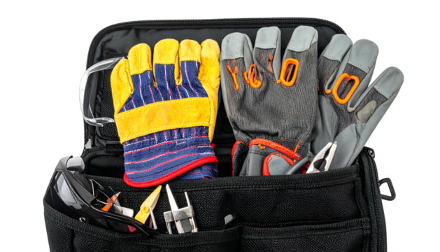 A close-up view of a black tool bag filled with work gloves and various tools