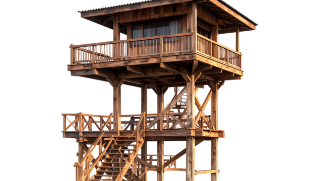 Wooden tower structure with multiple levels, windows, and railings, isolated on black