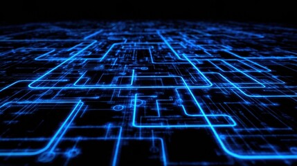 Complex blue lines create an intricate circuit design on a dark background, illustrating concepts of technology and digital networks in a modern setting.