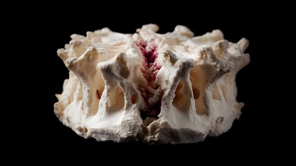 Detailed anatomical model of a human vertebra intervertebral disc and red highlighted spinal canal