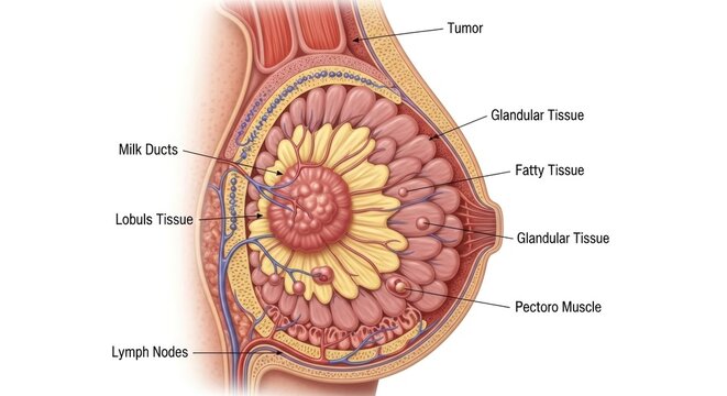 Detailed Cross sectional View of Female Breast Anatomy with Tumor