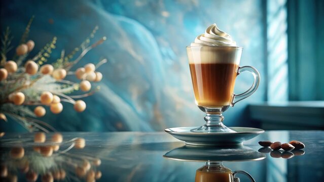 A delectable layered coffee drink, topped with a swirl of whipped cream, rests elegantly on a reflective surface, near a decorative branch with small, round ornaments.
