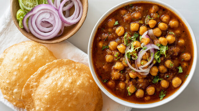 Top view of Chole served with Puri, Famous Indian Breakfast poori chole 